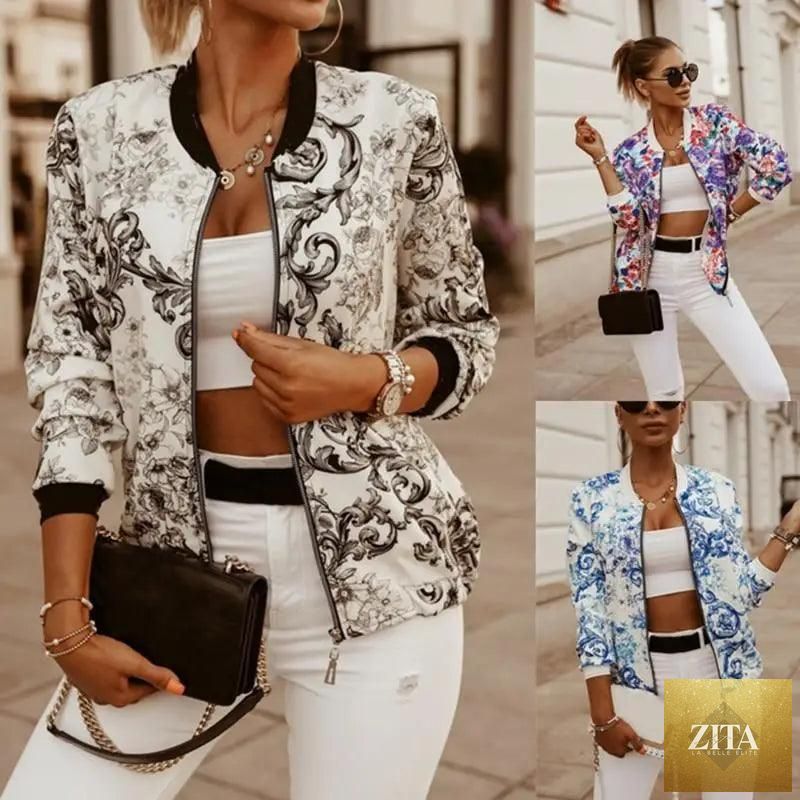 Flower print long sleeve women's bomber jacket by Stevvex featuring a stylish zipper closure and elegant vintage-inspired design.