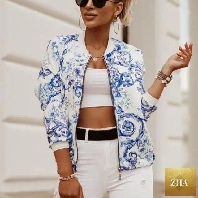Stevvex women's floral print long sleeve bomber jacket with zipper, vintage style, slim fit, fashionable outwear for women.
