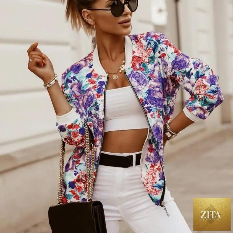 Stylish Stevvex women's long sleeve bomber jacket with vibrant flower print, zipper front, slim fit, vintage-inspired outerwear.