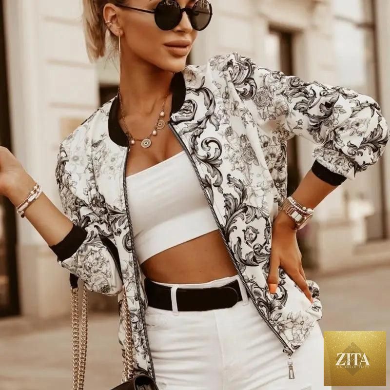 Stevvex women's long sleeve bomber jacket with a vibrant flower print, slim fit, zipper closure, vintage-inspired outwear for women.