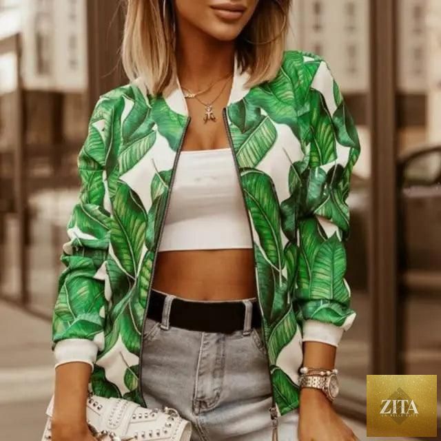 Stevvex women's long sleeve bomber jacket with a stunning flower print, zipper front, slim fit, vintage style, and elegant design.
