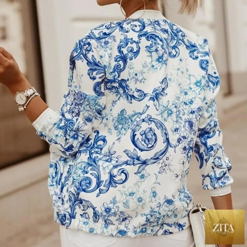 Stevvex women's long sleeve bomber jacket with a stunning floral print, fashionable zipper front, slim fit, vintage style.