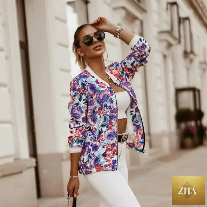 Stevvex floral print long sleeve women's bomber jacket with zipper, vintage style, slim fit, fashionable outwear for ladies.