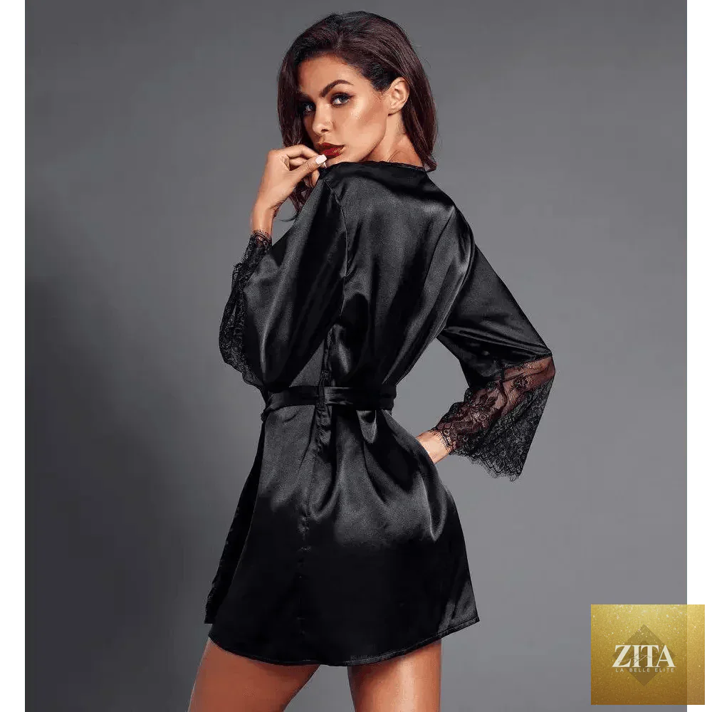 Stylish black satin silk short bathrobe for women with classic lace on sleeves, luxurious sleepwear by Stevvex.