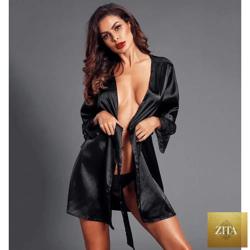 Black satin silk short bathrobe for women with classic lace on sleeves, stylish vintage sleepwear by Stevvex.