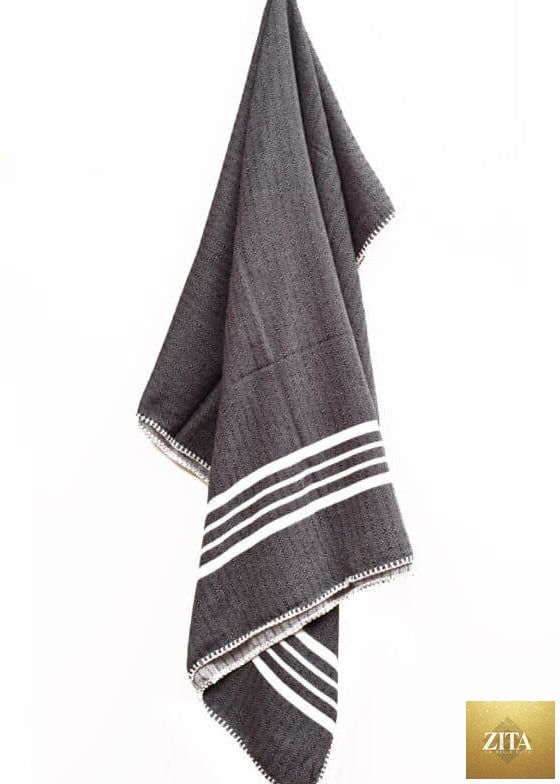 Zita La Belle Elite Turkish Farm House Towel without fringe, featuring a black and white woven pattern, laid flat on a surface.