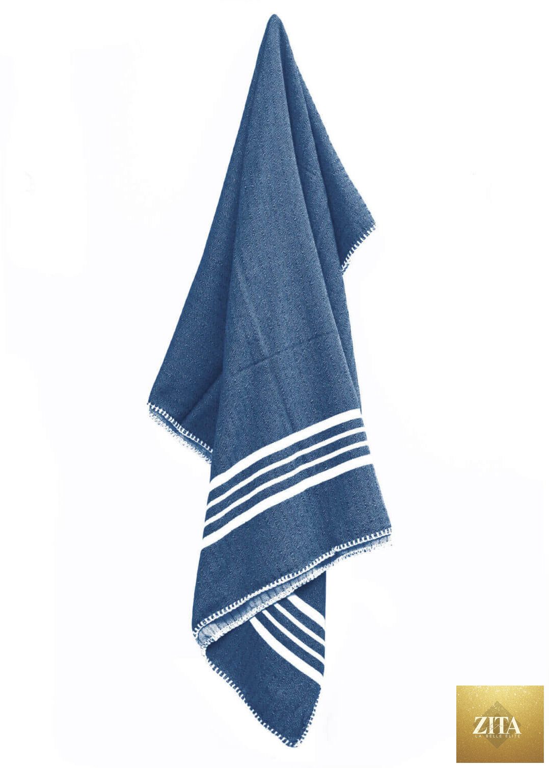 Navy blue Farm House Turkish Towel by Zita La Belle Elite, soft woven Turkish towel without fringe, displayed folded.