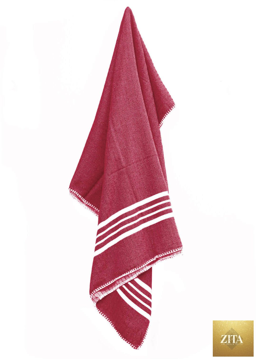 Red Farm House Turkish Towel by Zita La Belle Elite, soft woven Turkish towel without fringe, laid flat on a neutral surface.