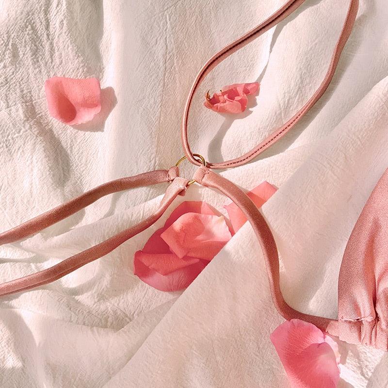 Luxury summer bikini set for women, two-piece ribbed swimwear with self-tie triangle top and charming bottom, lace-up design.