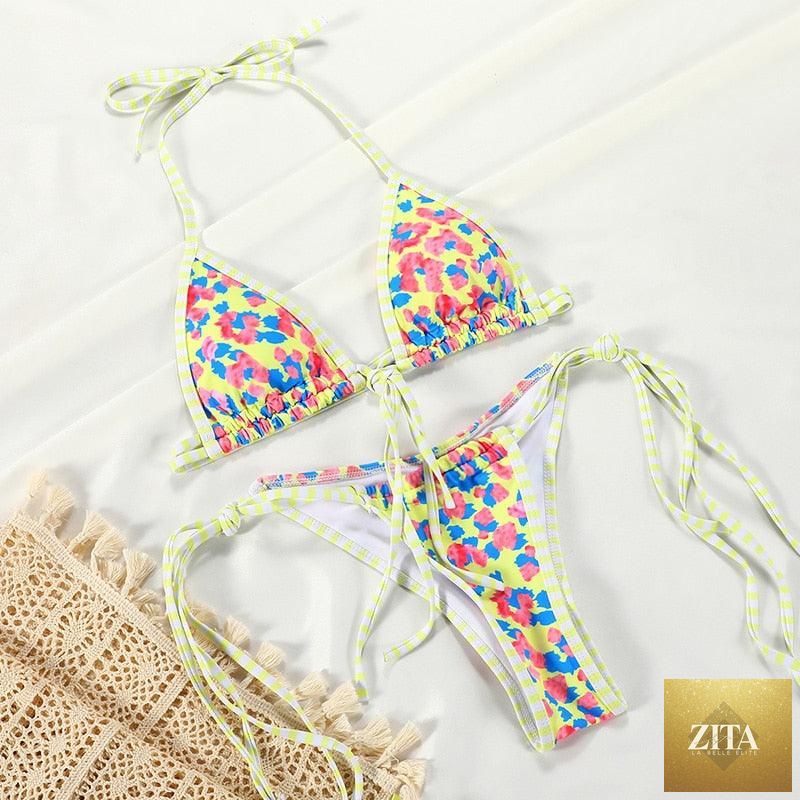 Stevvex women’s summer bikini set with ribbed fabric, triangle top, self-tie straps, and charming bikini bottoms for beachwear.