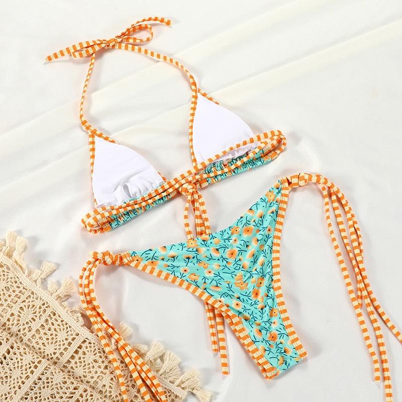 Stevvex summer bikini set for women, two-piece ribbed swimwear with self-tie triangle top and charming bottom, perfect for beach.