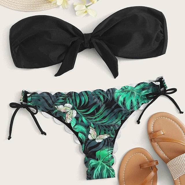 Summer Blue Bikini Women Swimwear Female Swimsuit Women’s Floral Print Lace-up Strapless Padded Comfortable Swimwear Bathing Suit Two-pieces Bikini Set Knotted Bathing Swim Suit