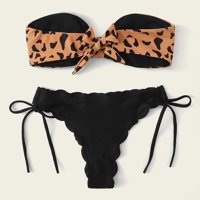 Summer Blue Bikini Women Swimwear Female Swimsuit Women’s Floral Print Lace-up Strapless Padded Comfortable Swimwear Bathing Suit Two-pieces Bikini Set Knotted Bathing Swim Suit