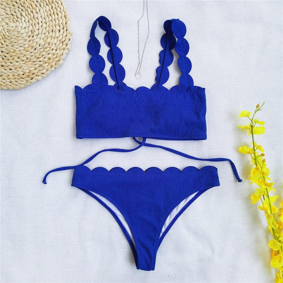 Summer Blue Bikini Women Swimwear Female Swimsuit Women’s Floral Print Lace-up Strapless Padded Comfortable Swimwear Bathing Suit Two-pieces Bikini Set Knotted Bathing Swim Suit
