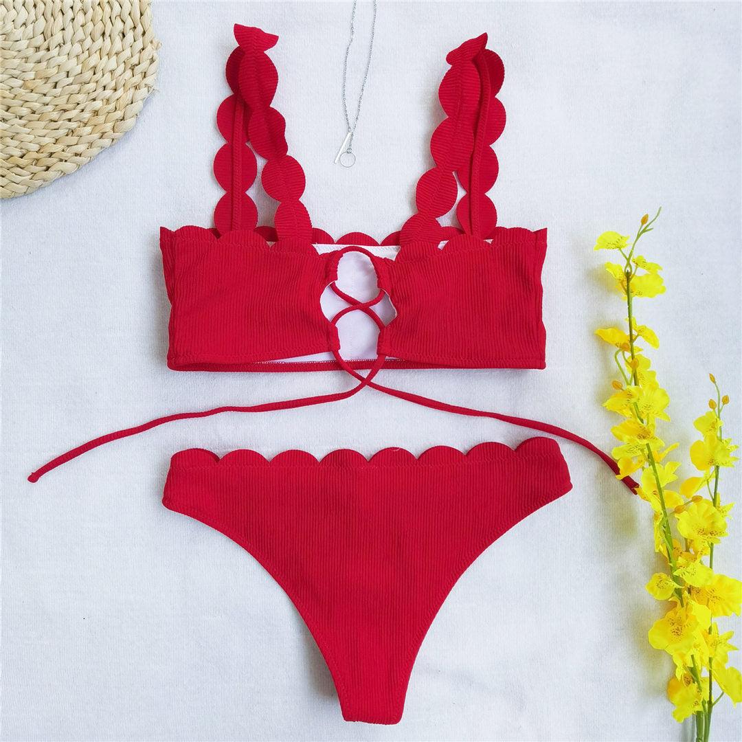 Summer Blue Bikini Women Swimwear Female Swimsuit Women’s Floral Print Lace-up Strapless Padded Comfortable Swimwear Bathing Suit Two-pieces Bikini Set Knotted Bathing Swim Suit