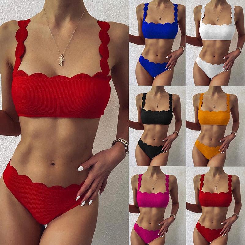 Summer Blue Bikini Women Swimwear Female Swimsuit Women’s Floral Print Lace-up Strapless Padded Comfortable Swimwear Bathing Suit Two-pieces Bikini Set Knotted Bathing Swim Suit