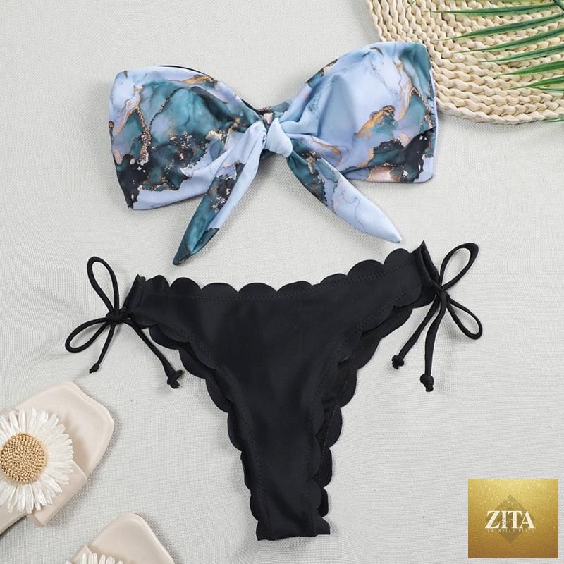 Stevvex summer blue floral print bikini set for women, strapless, padded, lace-up, knotted two-piece swimsuit with comfortable fit.