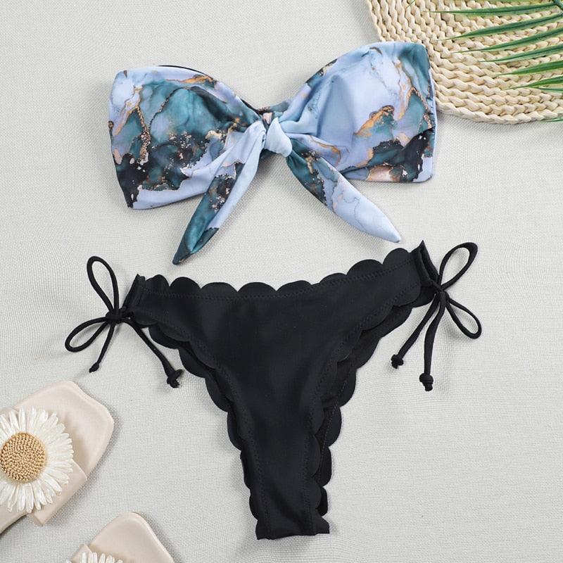 Summer Blue Bikini Women Swimwear Female Swimsuit Women’s Floral Print Lace-up Strapless Padded Comfortable Swimwear Bathing Suit Two-pieces Bikini Set Knotted Bathing Swim Suit