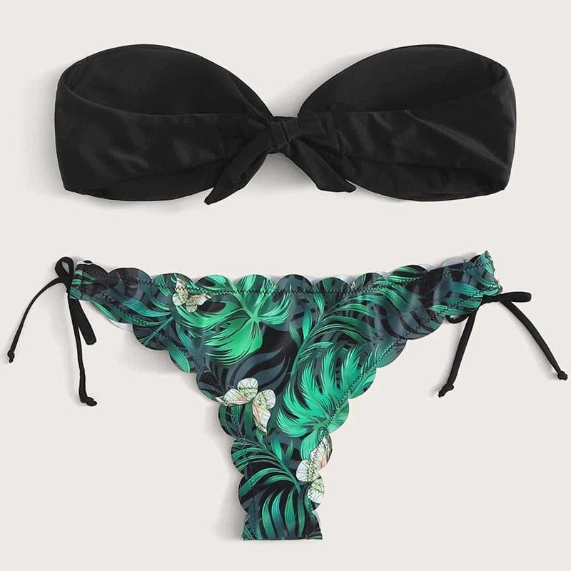 Summer Blue Bikini Women Swimwear Female Swimsuit Women’s Floral Print Lace-up Strapless Padded Comfortable Swimwear Bathing Suit Two-pieces Bikini Set Knotted Bathing Swim Suit
