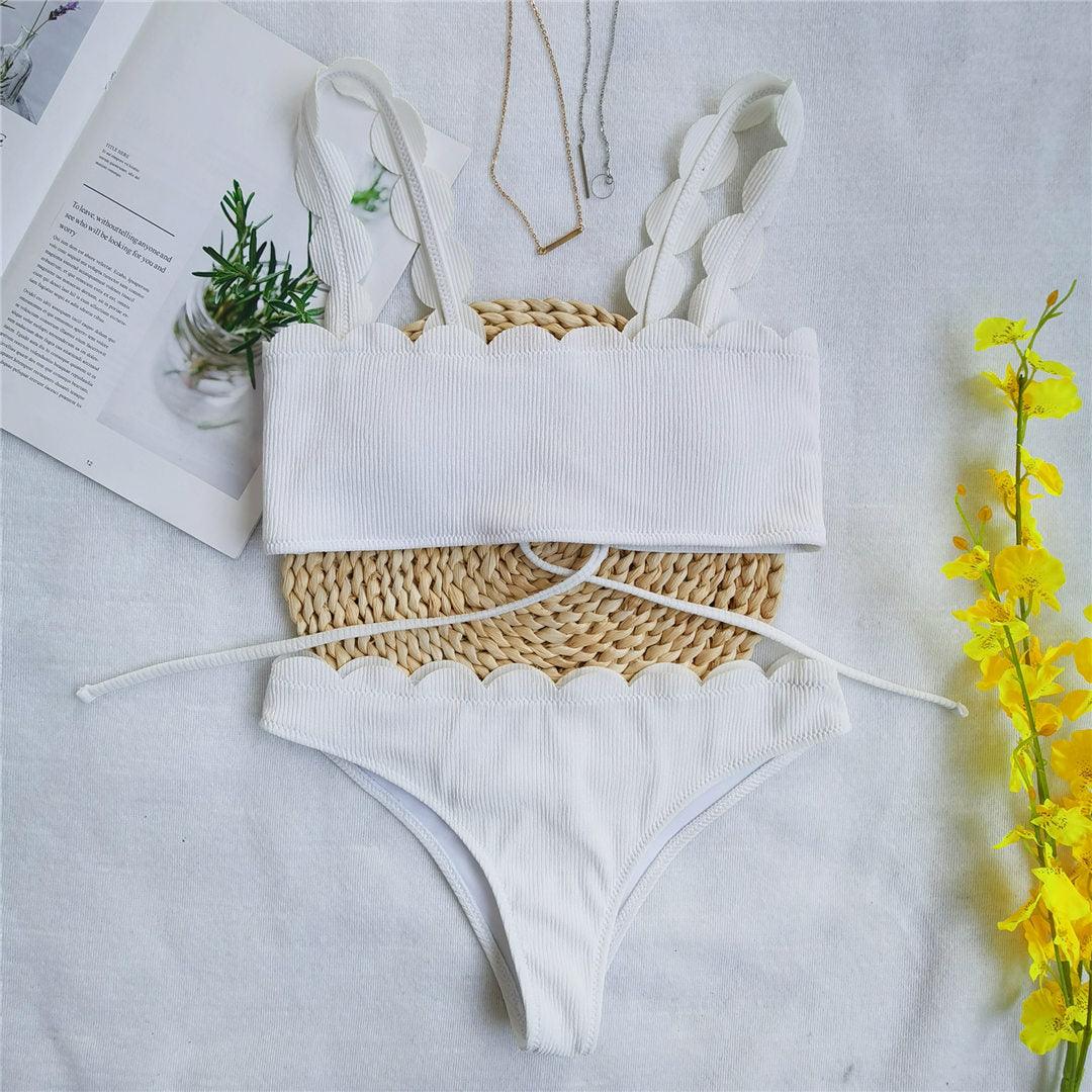 Summer Blue Bikini Women Swimwear Female Swimsuit Women’s Floral Print Lace-up Strapless Padded Comfortable Swimwear Bathing Suit Two-pieces Bikini Set Knotted Bathing Swim Suit