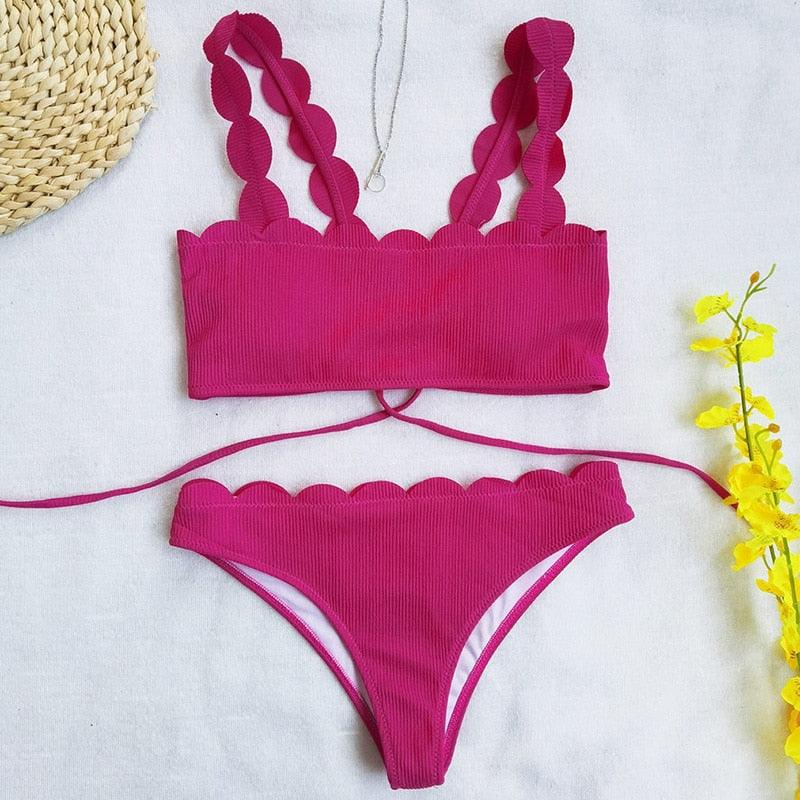 Summer Blue Bikini Women Swimwear Female Swimsuit Women’s Floral Print Lace-up Strapless Padded Comfortable Swimwear Bathing Suit Two-pieces Bikini Set Knotted Bathing Swim Suit