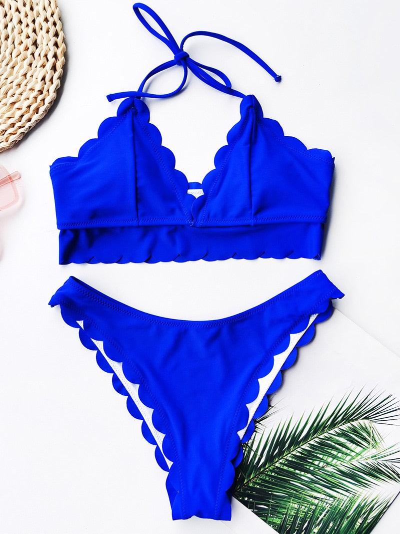 Summer Blue Bikini Women Swimwear Female Swimsuit Women’s Floral Print Lace-up Strapless Padded Comfortable Swimwear Bathing Suit Two-pieces Bikini Set Knotted Bathing Swim Suit