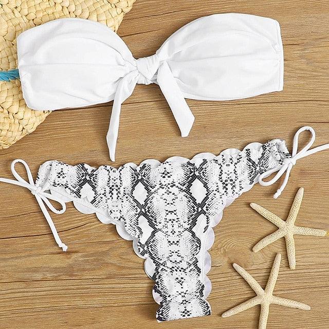 Summer Blue Bikini Women Swimwear Female Swimsuit Women’s Floral Print Lace-up Strapless Padded Comfortable Swimwear Bathing Suit Two-pieces Bikini Set Knotted Bathing Swim Suit