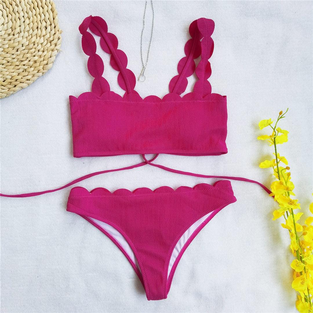 Summer Blue Bikini Women Swimwear Female Swimsuit Women’s Floral Print Lace-up Strapless Padded Comfortable Swimwear Bathing Suit Two-pieces Bikini Set Knotted Bathing Swim Suit