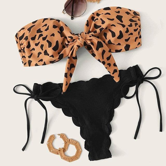 Summer Blue Bikini Women Swimwear Female Swimsuit Women’s Floral Print Lace-up Strapless Padded Comfortable Swimwear Bathing Suit Two-pieces Bikini Set Knotted Bathing Swim Suit
