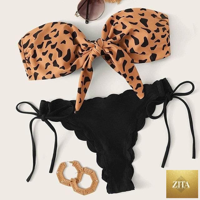 Blue floral print strapless bikini set with lace-up detail, padded cups, and knotted design, perfect for summer swimwear by Stevvex.