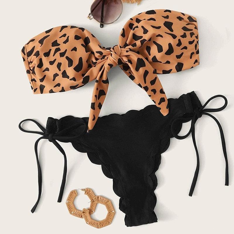 Summer Blue Bikini Women Swimwear Female Swimsuit Women’s Floral Print Lace-up Strapless Padded Comfortable Swimwear Bathing Suit Two-pieces Bikini Set Knotted Bathing Swim Suit