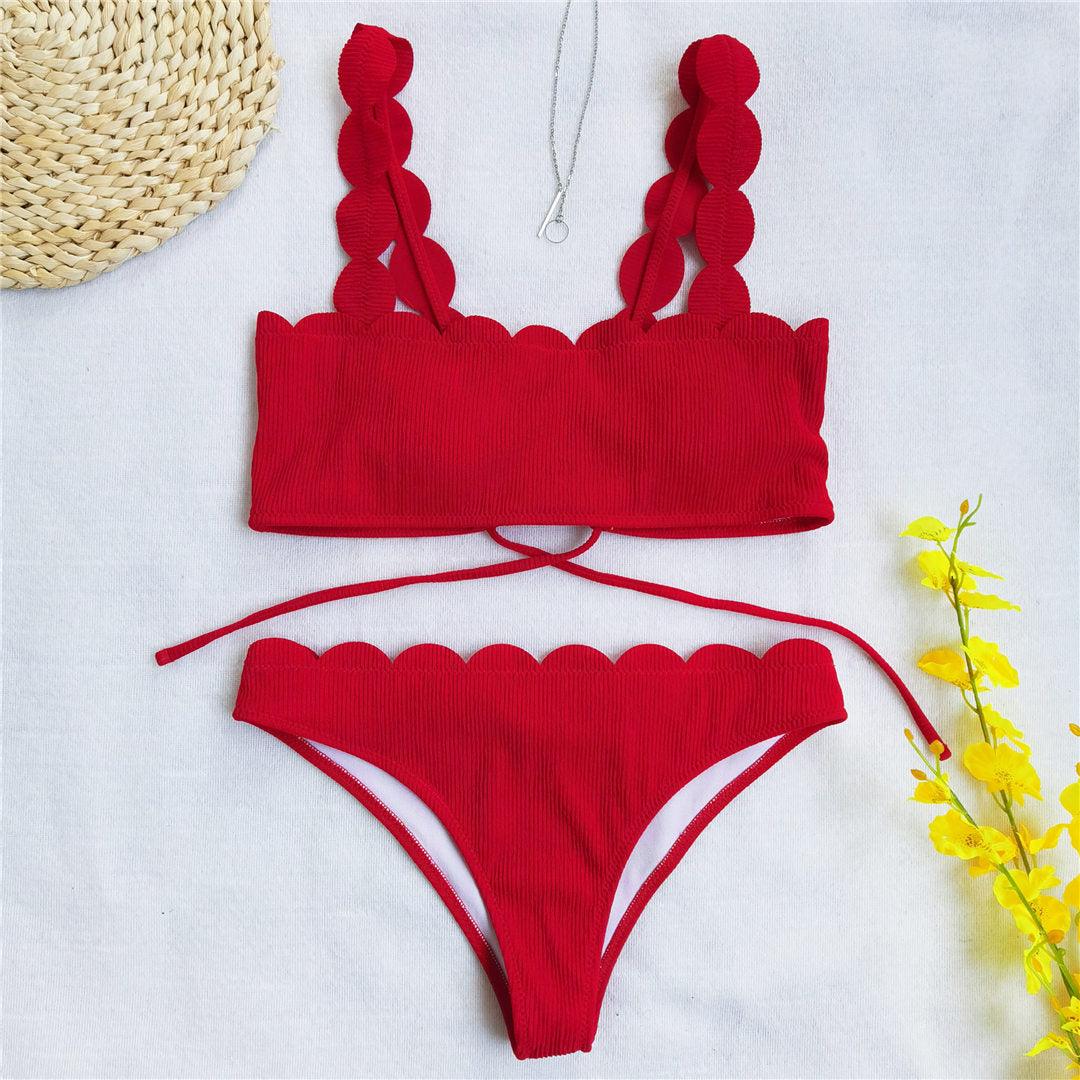 Summer Blue Bikini Women Swimwear Female Swimsuit Women’s Floral Print Lace-up Strapless Padded Comfortable Swimwear Bathing Suit Two-pieces Bikini Set Knotted Bathing Swim Suit