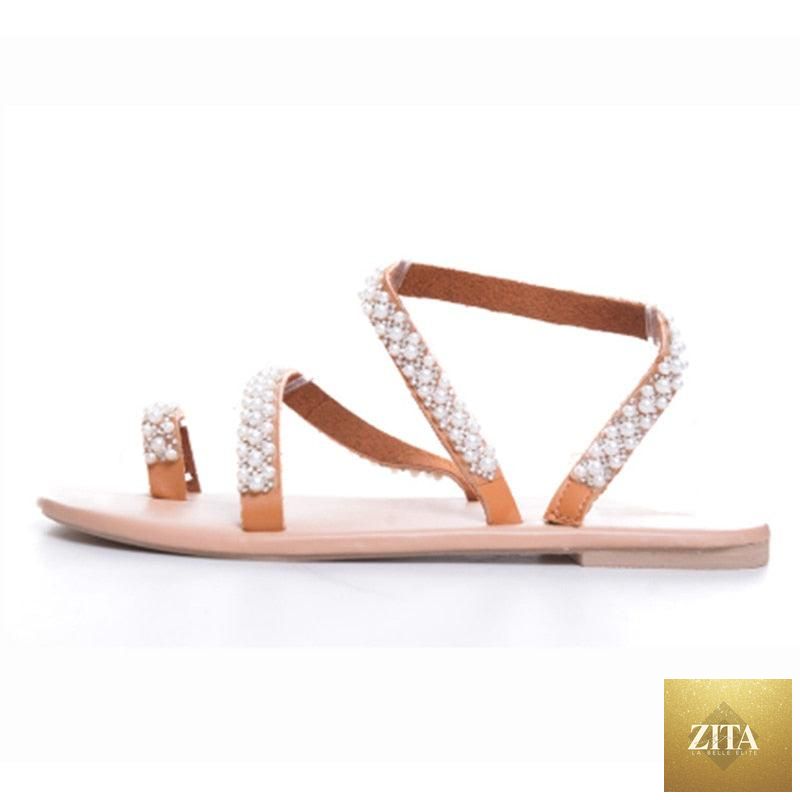 Stevvex summer flat sandals with pearl decorations, rhinestones, leather straps, open toe design, perfect for beach holidays.