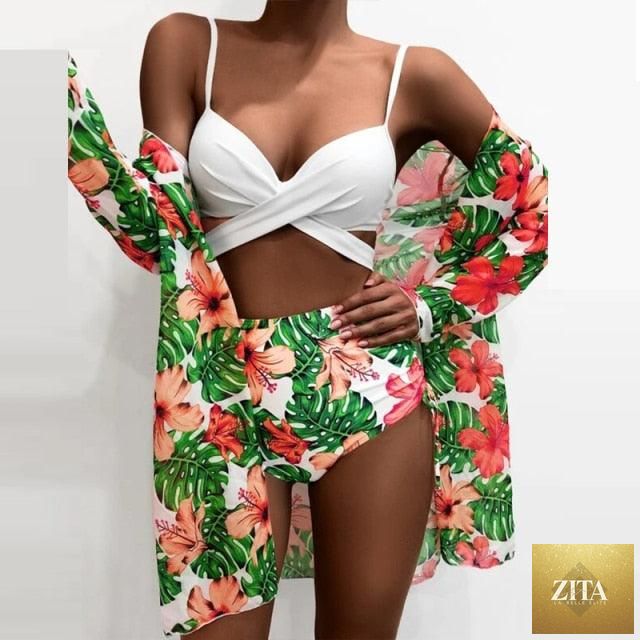Stevvex summer floral print 3-piece high-waist bikini set with beach cover-ups, push-up design, tropical style, soft and breathable fabric.