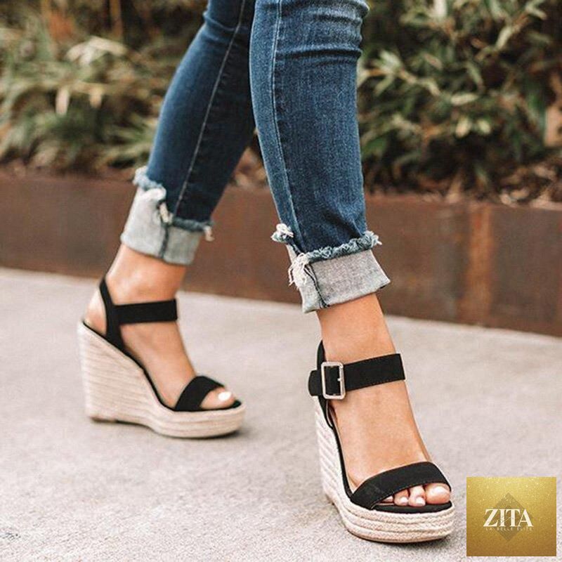 Stevvex women's summer platform sandals in candy color with open toe, ankle strap, buckle, and espadrille style.
