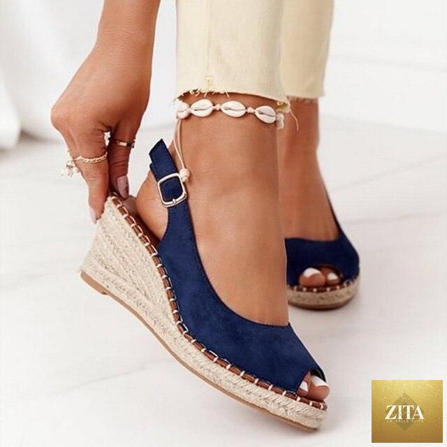 Candy-colored Stevvex summer women's platform sandals with open toe, ankle strap, buckle, slip-on design, espadrille style, high heel.