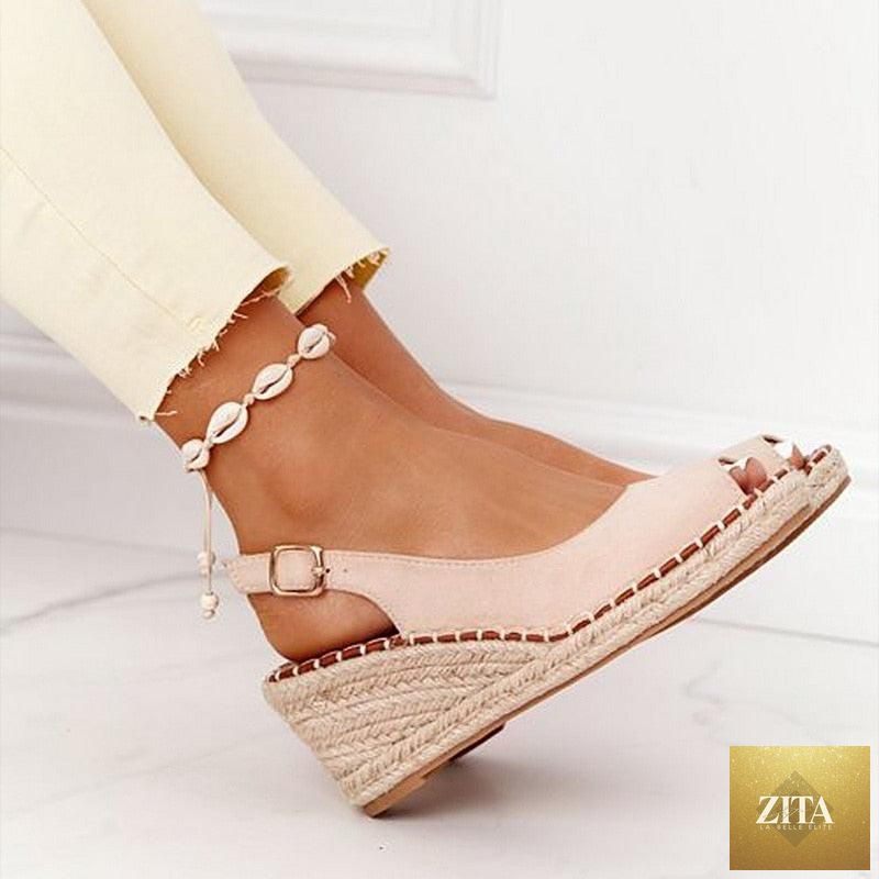 Stevvex women’s summer candy-colored platform espadrille sandals with open toe, ankle strap, buckle, slip-on design, high heels.