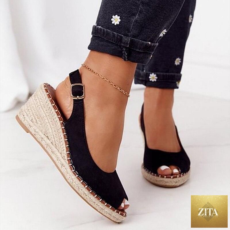 Candy-colored Stevvex women’s summer platform sandals with open toe, ankle strap, buckle, and espadrille-style high heels.