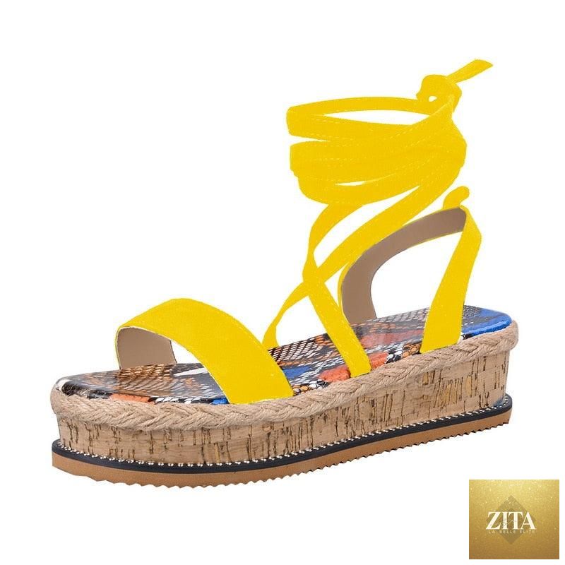 Candy-colored Stevvex summer women’s platform espadrille sandals with open toe, ankle strap, buckle, and high heel.