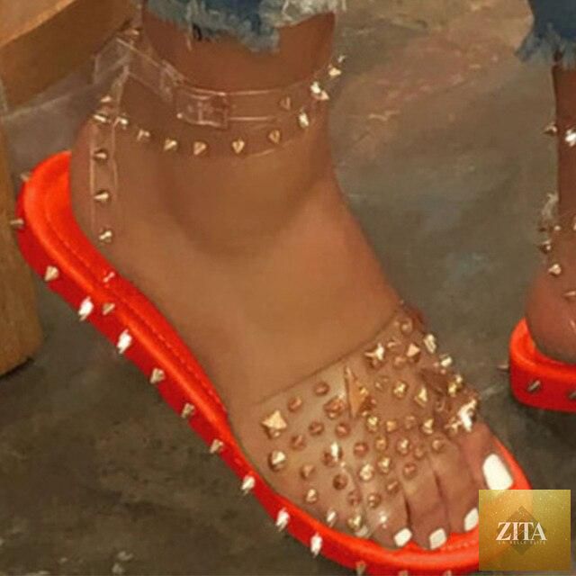 Stevvex women's summer flat sandals with transparent buckle straps, open toe, ankle strap, and adjustable buckle for casual beach wear