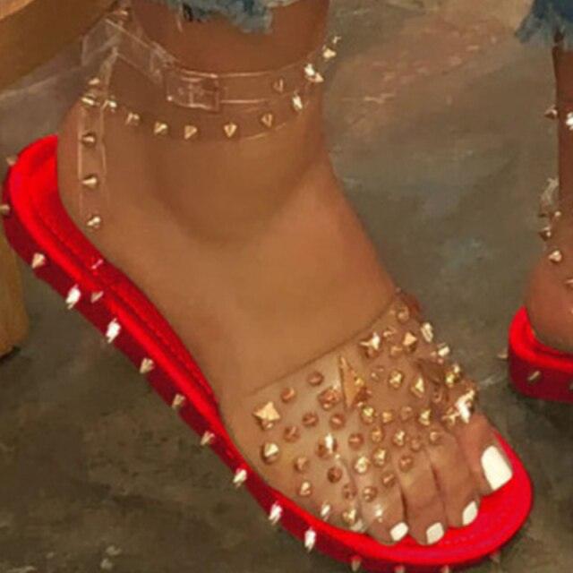 Summer Woman Transparent Buckle Strap Shoes Women's Sandals Cute Flat Dressy Summer Beach Flat Sandals Casual Open Toe Buckle Ankle Strap Sandals Shoes Flat Sandals Adjustable Buckle For Women