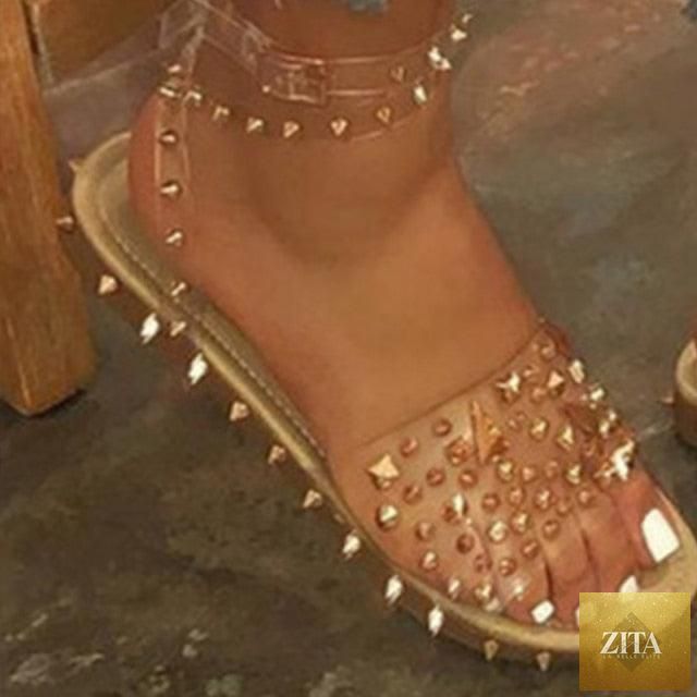 Stevvex women's summer flat sandals with transparent buckle straps, open toe, ankle strap, and adjustable buckle for casual beachwear.