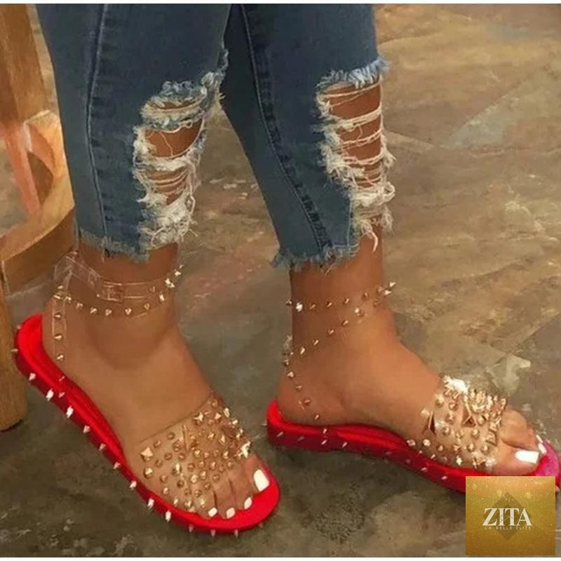Stevvex women's summer flat sandals with transparent buckle straps, open-toe design, ankle strap, and adjustable buckle for casual wear