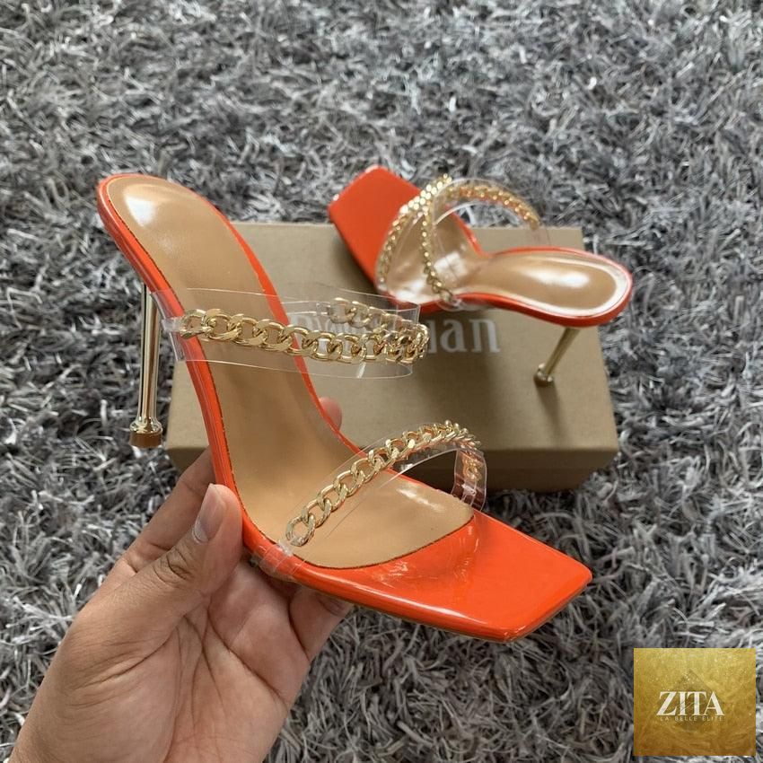Clear transparent summer women's sandals with square toes, high heels, open toes, chain detail, slip-on style, ideal for dressy occasions.