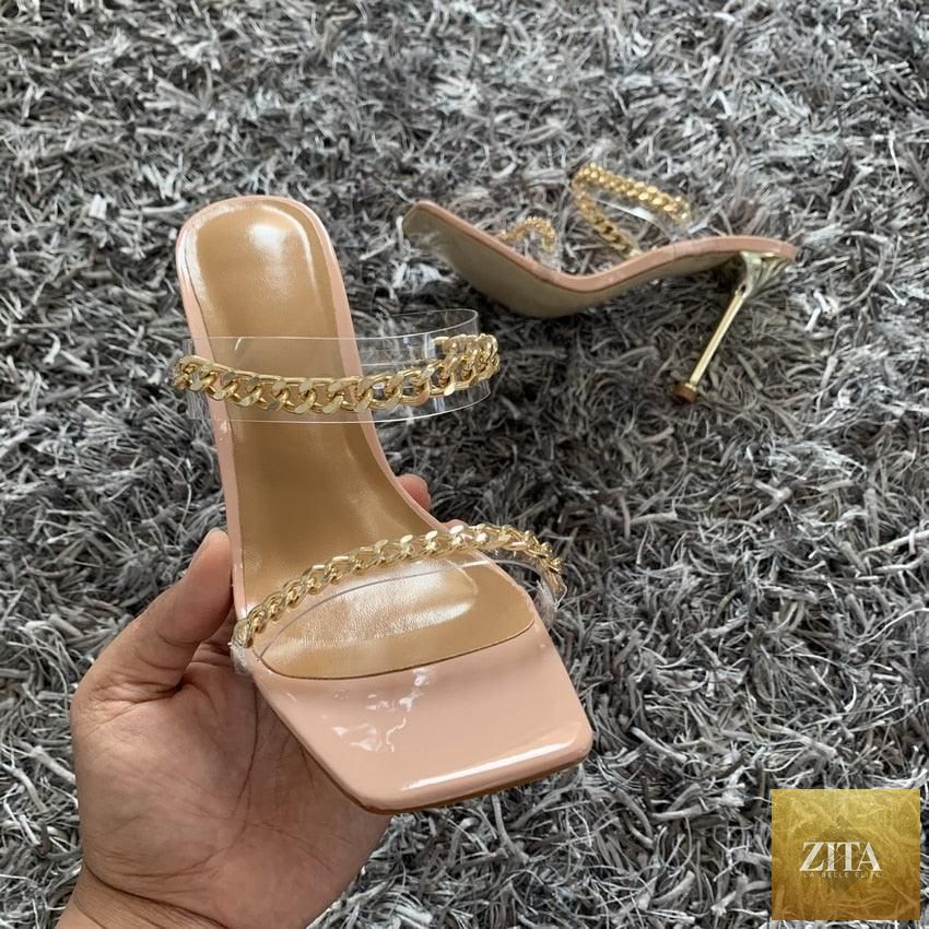 Clear transparent summer women sandals with square toes, high heels, open toes, slip-on design, fashion chain, and backless style.