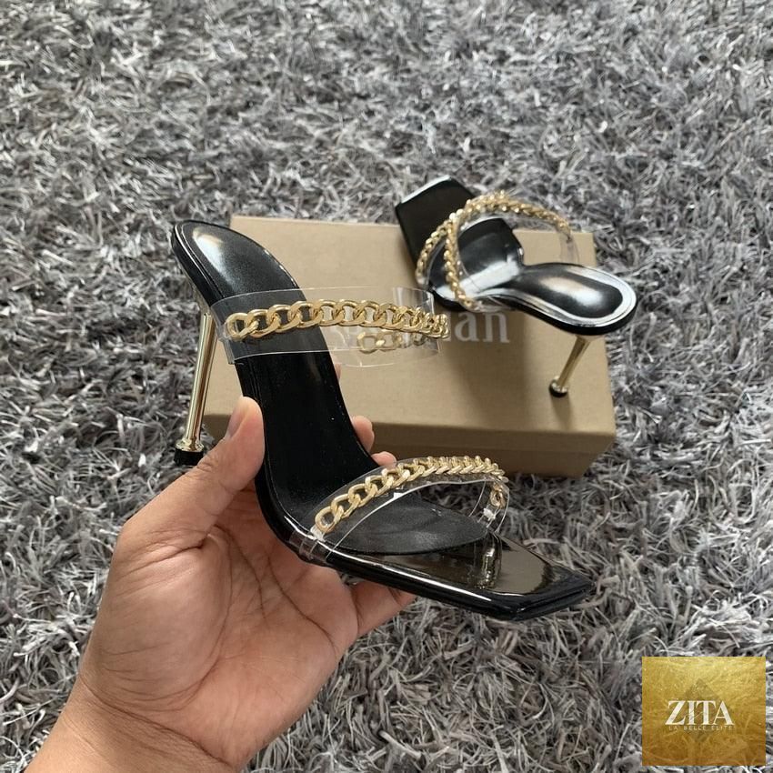 Clear transparent summer women sandals with square toe and high heels, featuring a fashionable chain and open-toe slip-on design.