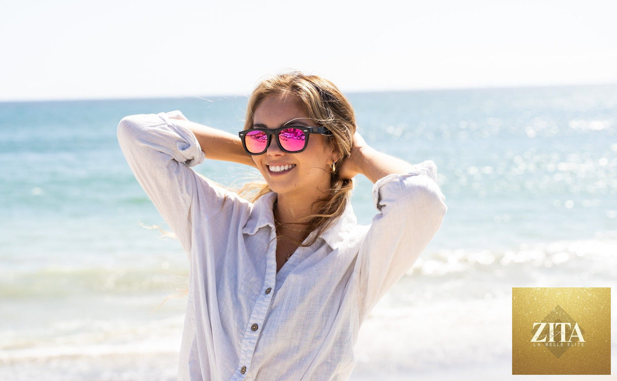 Bamboo floating sunglasses by Eastern Outer with clear lenses and eco-friendly bamboo frame, ideal for beach and outdoor activities.