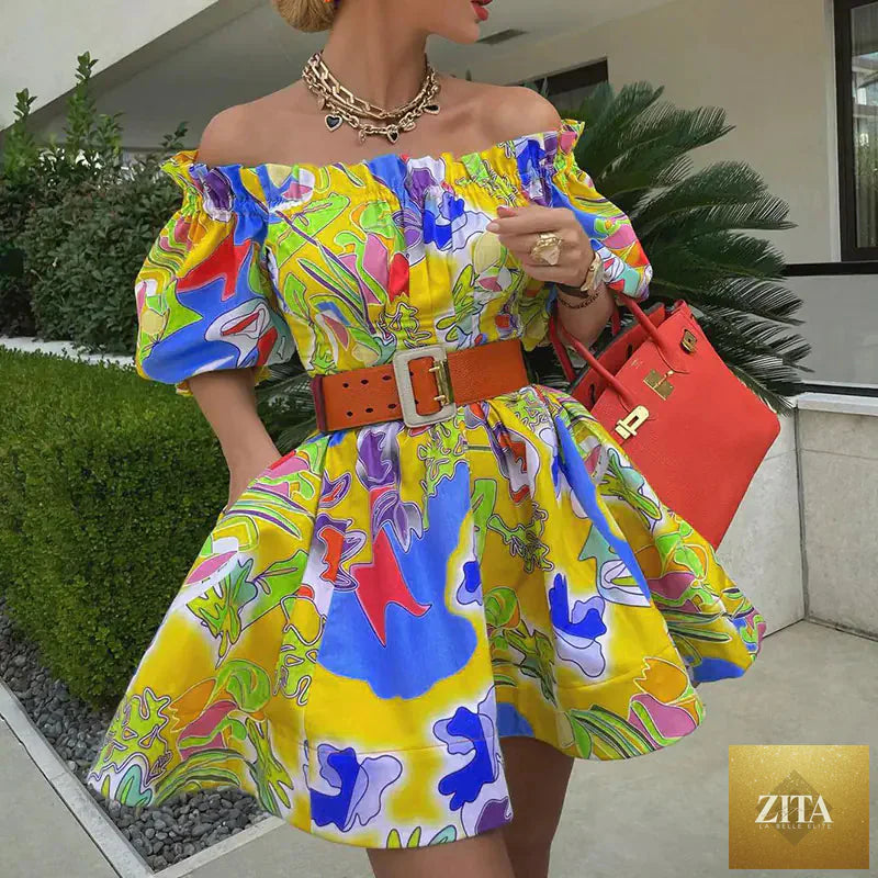 Off-shoulder mid-sleeve women’s dress in soft fabric, featuring a stylish and flowy design, by Trendy Attic Store01.