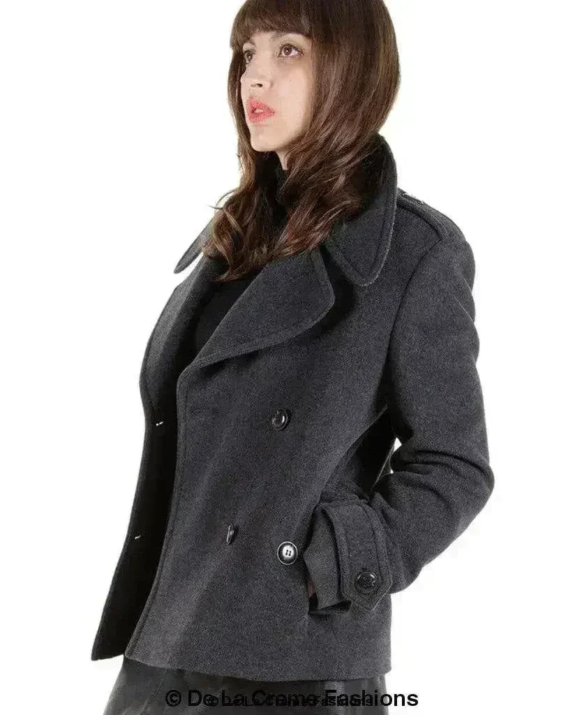 Femstylo Harris Tweed pea coat in wool cashmere blend, tailored short coat with contrast detailing and classic double-breasted design.