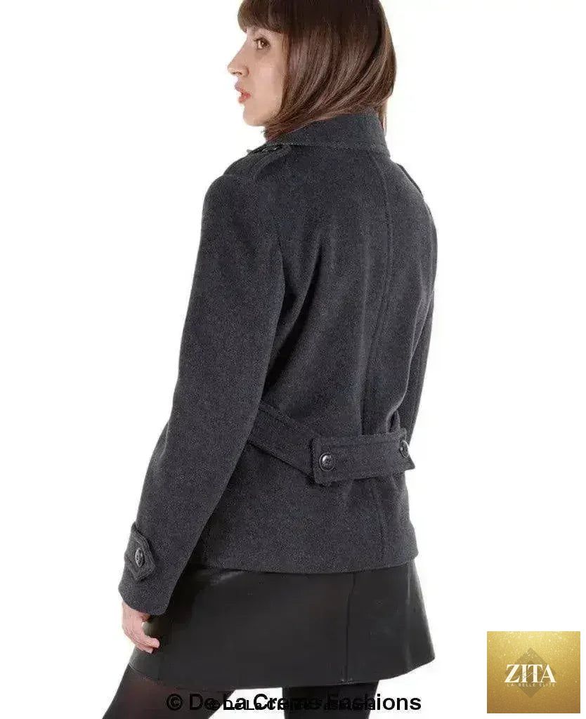 Femstylo Harris Tweed pea coat with wool and cashmere blend, tailored fit, contrast details, stylish jacket for women.
